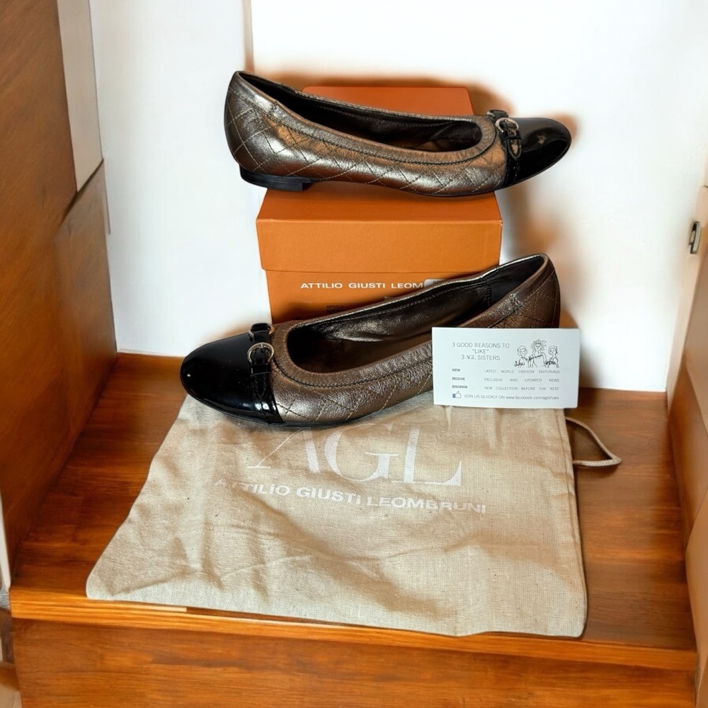 WOMENS AGL ATTILIO GIUSTI LEOMBRUNI Gold Leather Ballet Flats Shoes 39.5/US 8.5